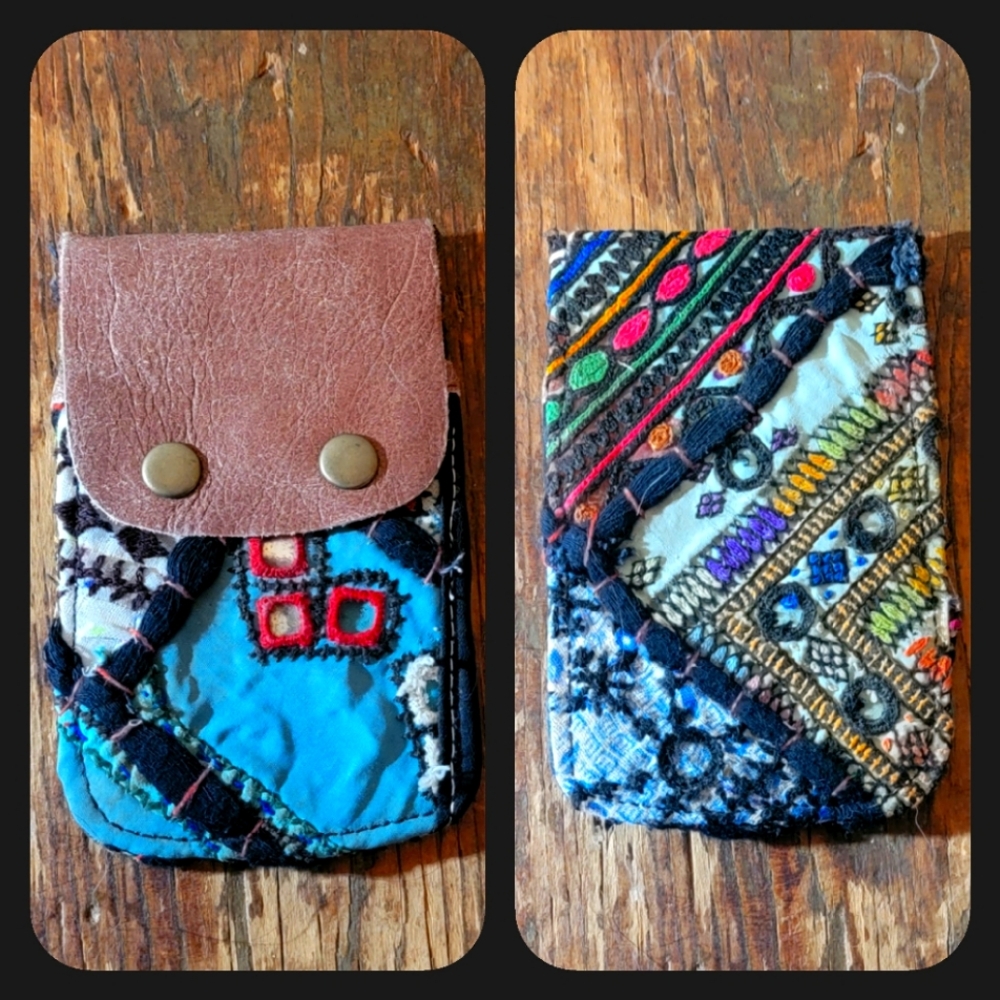 🧠🍳 Free People Boho Embroidered Repurposed vtg banjara hippie Wallet card case